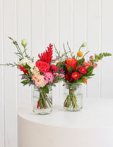 The Wild flower Petite floral arrangements featuring vibrant red, pink, and orange blooms in small glass jars.